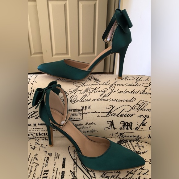 Heels; D’Orsay; Satin; Ankle Bow Knot; Pointed Toe; Holiday Green; 3 3/4” Heel - Picture 2 of 6